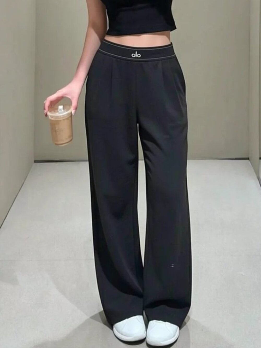 🤍 NWT Alo Yoga Suit Up Trouser Black 😘 Relaxed Flowy Wide Leg Pants 30"